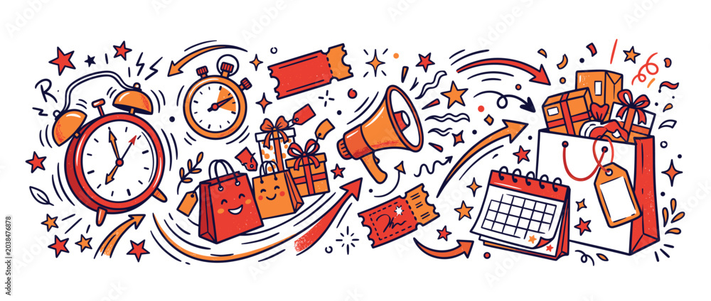 Fototapeta premium Shopping and retail promotion illustration with clocks, stopwatch, megaphone, coupons, shopping bags and gifts on a calendar, symbolizing limited-time sales and special offers