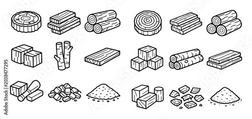 natural wood and timber concept icons with logs, wooden planks and sawdust for children's coloring book design