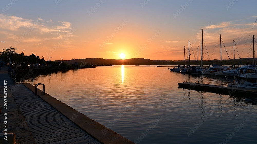 Fototapeta premium A wooden pier extends over calm water at sunset reflecting the golden hour light and creating a peaceful maritime landscape