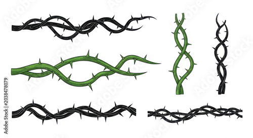 Thorn Vines Elements, Green and Black, Isolated on White Background