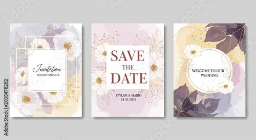 Foto Elegant wedding invitation templates with floral accents and soft watercolor bac
