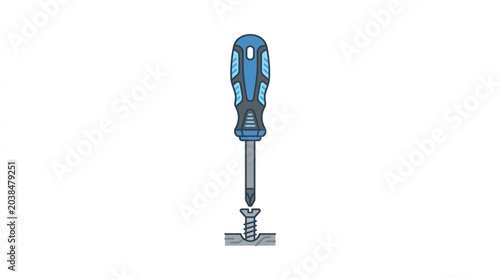 Slika na platnu Blue handled screwdriver turning a screw into a metal plate.