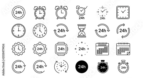 Foto Black and white 24 hour clock icons, time concept, business background