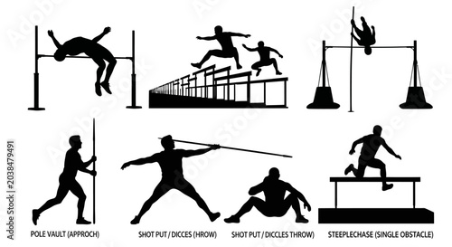 Quadro em tela Black silhouettes of athletes competing in track and field events, athletic trai