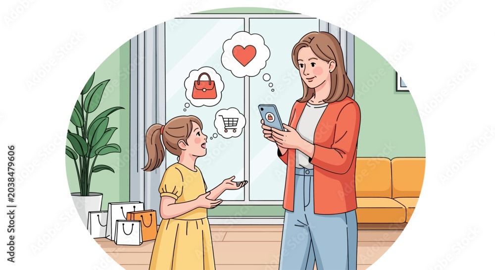 Obraz premium Mother and daughter using smartphones, heart and shopping bag icons, home interior background, family communication concept