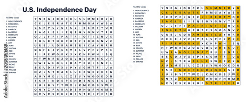 U.S. Independence Day word seek puzzle with answers and highlighted words  