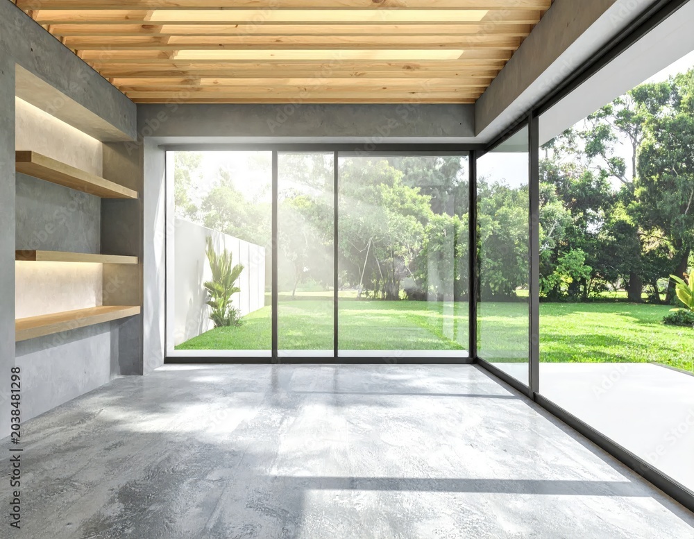 Fototapeta premium Modern Interior with Large Glass Walls Overlooking Lush Green Garden.
