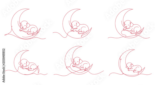 Cuadro en lienzo Cute puppy sleeping on a crescent moon, single line art illustration, dreamlike, peaceful sleep