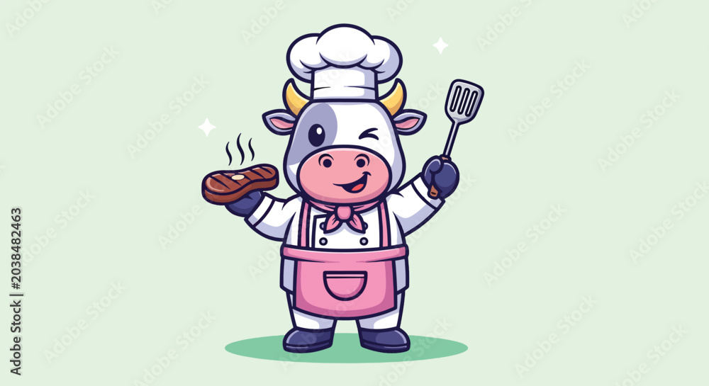 Fototapeta premium Cute Cartoon Cow Chef Holding Steak and Spatula.