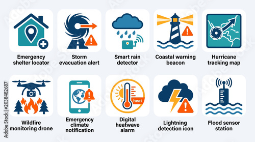 Modern flat silhouette weather safety icon collection  emergency shelter locator  storm evacuation alert  smart rain detector  coastal warning beacon  hurricane tracking map  wildfire monitoring drone