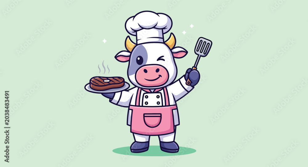 Fototapeta premium Cute cow chef character holding a steak and spatula.