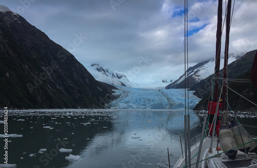 This image captures a expedition sailing through the Garibaldi Fjord in Patagonia, Chile
