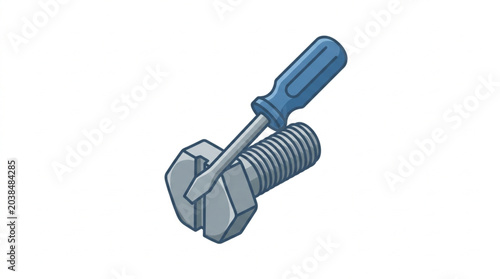 Quadro em tela Close up of a blue screwdriver and a metal bolt.