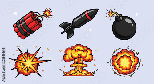 Obraz na płótnie Set of various explosive weapons and cartoon explosions.