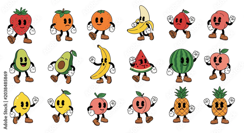 Fototapeta premium Collection of Retro Cartoon Fruit Characters with Expressive Faces and Limbs.