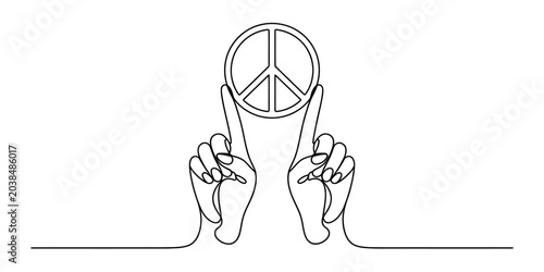 Konstfotografi Two hands holding up a peace sign symbol in a continuous line art style