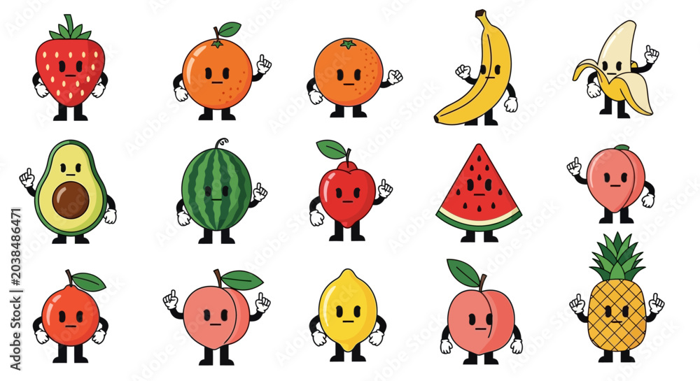 Fototapeta premium Collection of various cartoon fruits with faces and hands.