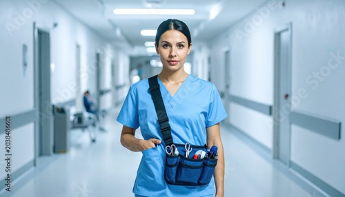 Dedicated Female Nurse in Blue Scrubs with Medical Utility Belt Pouch in Hospital Corridor