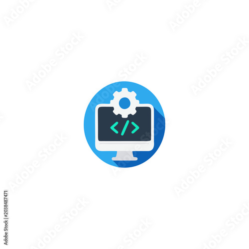 Web development and coding flat icon. Vector illustration of a computer monitor displaying code brackets tags with a gear wheel setting symbol on top, enclosed in a blue circle with long shadow. 