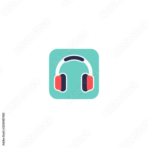 Headphones icon with a modern flat design. Vector illustration of over-ear headphones with pink earpads and a dark headband, enclosed in a turquoise rounded square shape. 