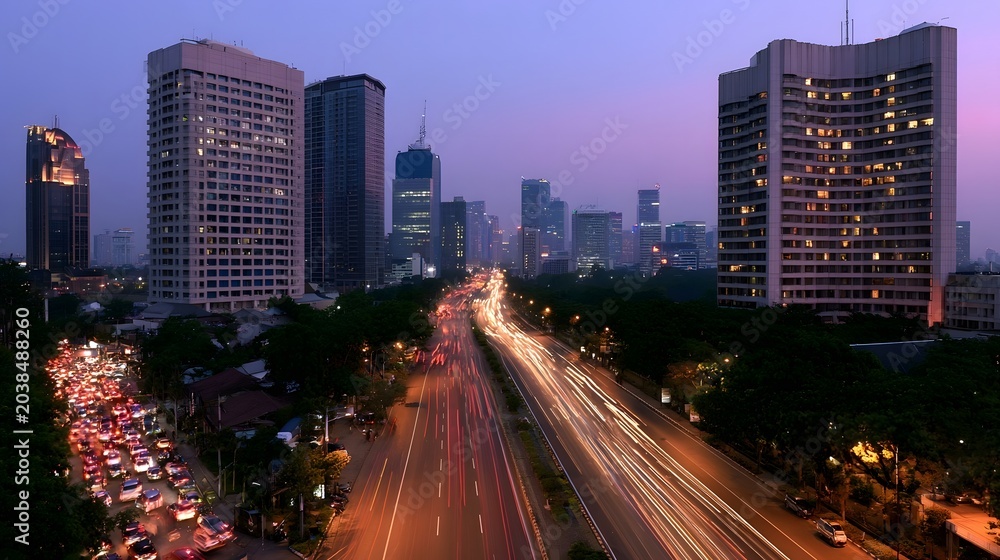 Fototapeta premium Dramatic cityscape view of modern skyscrapers illuminated at dusk with vibrant evening traffic light trails