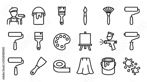 Obraz na płótnie Painting tools and decorator line icon set