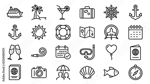 Konstfotografi Cruise travel and vacation line icon set