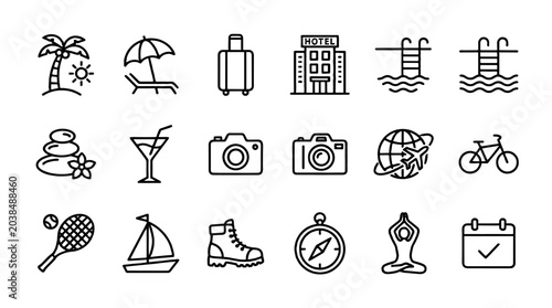 Bild auf Leinwand Resort and vacation line icon set with travel leisure symbols