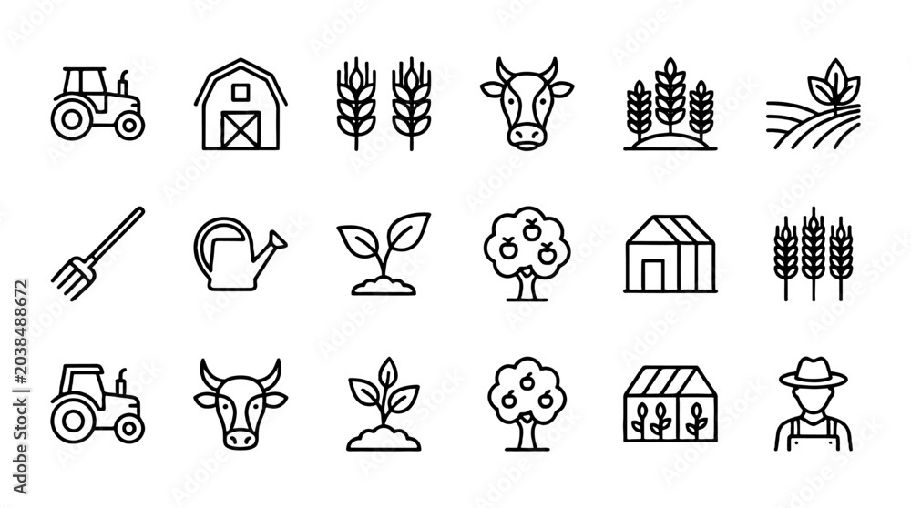 Obraz premium Agriculture outline icon set with farm tools and crops
