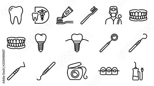Fotografi Dental line icon set with tooth tools braces and implants
