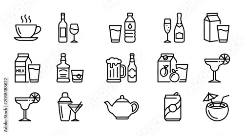 Drink and beverage line icon set with cups bottles and glasses