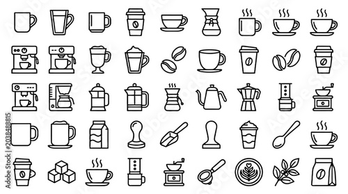 Fotografía Coffee and cafe line icon set with cups, beans and makers