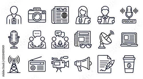Photos Journalism and media outline icon set in line style