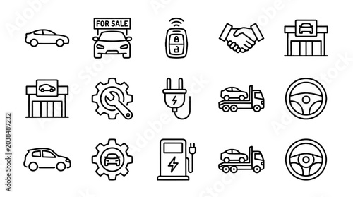 Car dealer and automobile industry line icon set
