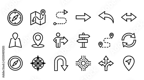 Tableau sur toile Direction and navigation outline icon set with arrows and map pins