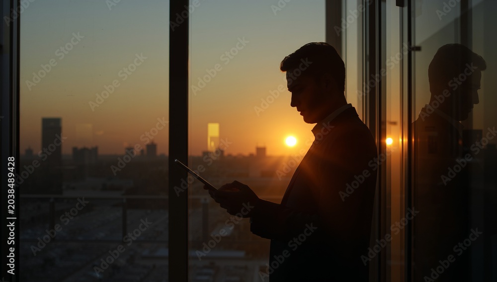 Fototapeta premium Backlit Businessman Silhouette Holding Tablet Near Glass Wall At Sunset