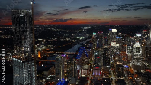 Aerial Twilight View of Downtown Austin Skyline and Lady Bird Lake Part 1 of 2