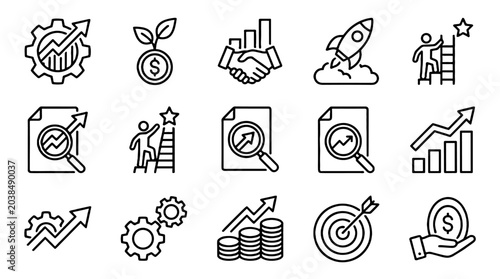 Business growth line icon set with finance and strategy symbols