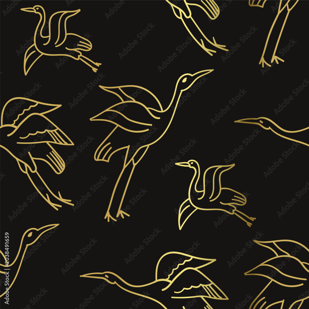 Fototapeta premium crane birds seamless vector pattern, golden, black ink traditional oriental asian Indian design isolated