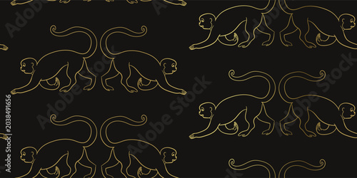 Photography monkey seamless vector pattern, golden, black ink traditional oriental asian Ind