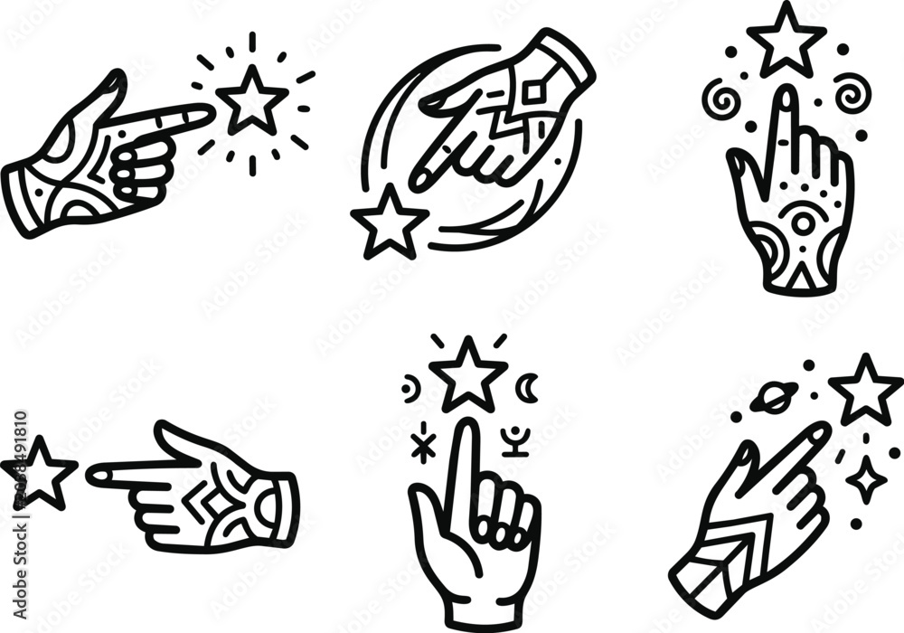 Fototapeta premium Vector line art celebration hand icons with stars and sparkles for decor illustration style