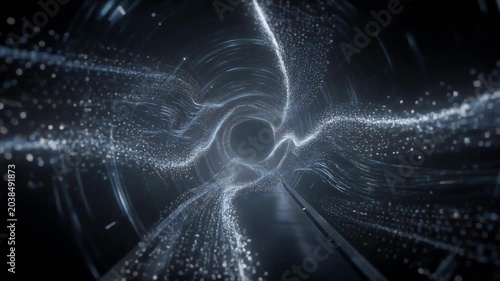 Firefly futuristic tunnel with swirling streams of glowing particles creating mesmerizing light vortex and dynamic motion