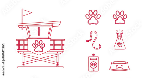 Lifeguard Station and Dog Accessories Line Art Icons