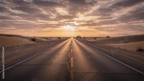 Lone road through desert toward glowing sunset over sand dune landscape with dramatic cloudlit sky and solitary warm light