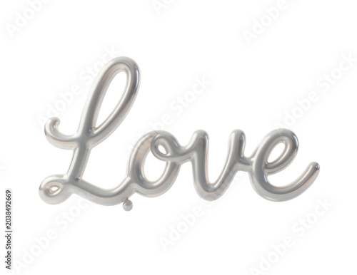 Shimmering three-dimensional metallic text forming the word 'Love' in an elegant script typeface, conveying heartfelt emotion, romance, and affection with a refined, sophisticated aesthetic