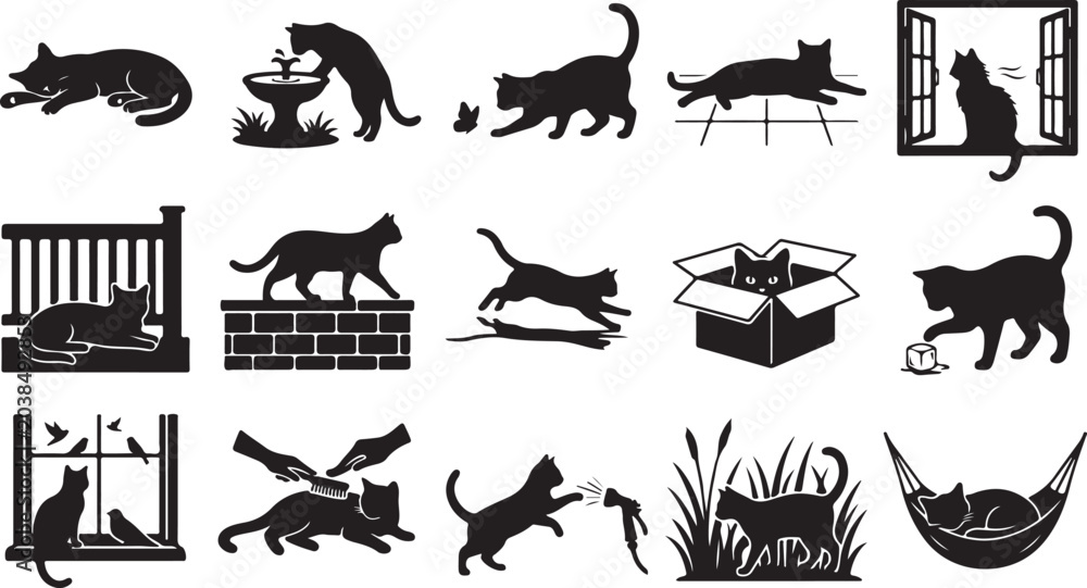 Obraz premium Collection of black cat silhouettes in various playful poses and settings isolated on white background, Vector
