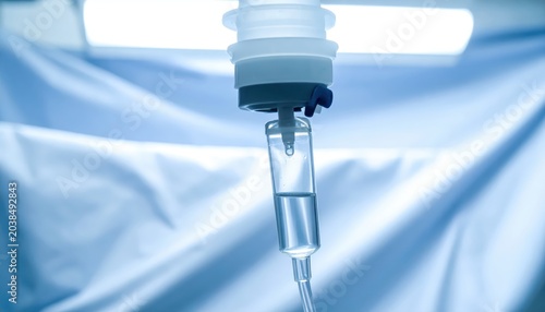 Close-up view of intravenous fluid dripping from an IV bag and tubing with a roller clamp in a clinical setting