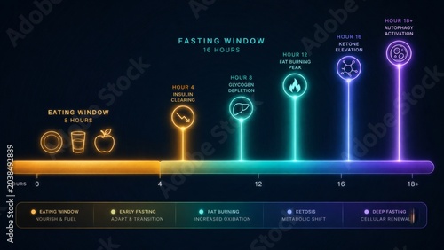 Intermittent Fasting Timeline Infographic Showing Metabolic Stages Fat Burning Ketosis And Autophagy Activation In a Futuristic Health Education Visualization