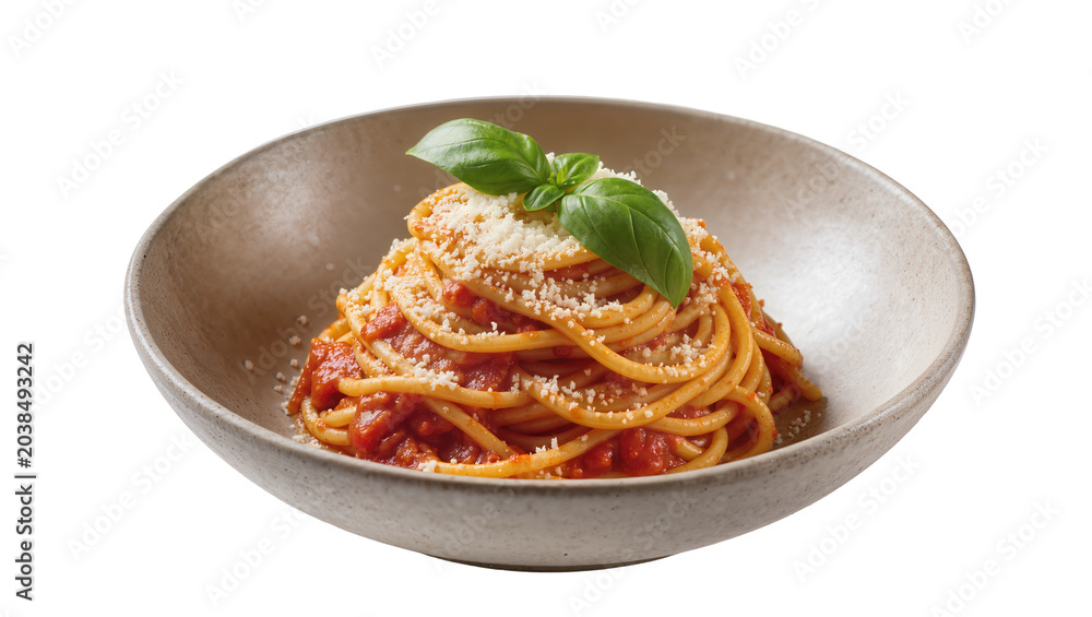 Fototapeta premium Spaghetti with tomato sauce and basil garnish in a bowl