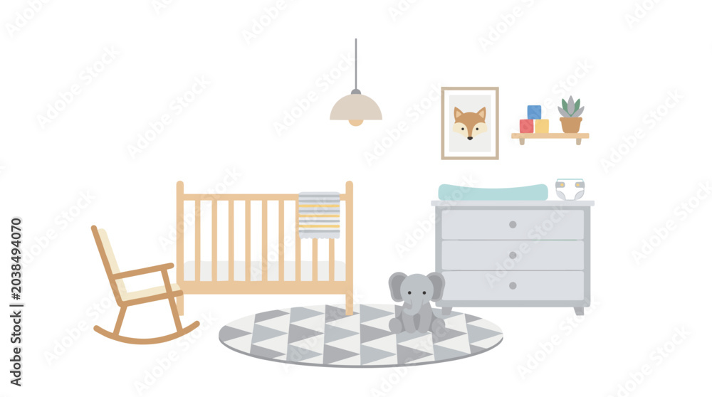 Fototapeta premium Modern Nursery Room with Crib Changing Table Rocking Chair and Elephant Toy